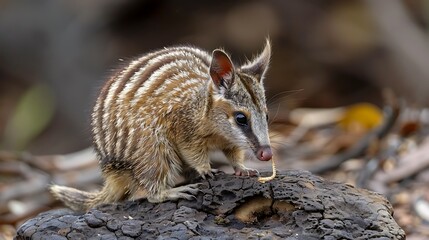 Numbat foraging for termites, Australian outback, long tongue visible: A numbat forages for termites in the Australian outback, its long, sticky tongue darting into the termite mound as it searches 