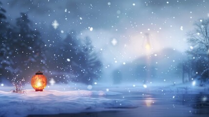 Fototapeta premium Tranquil Snowy Scene with a Single New Year's Lantern