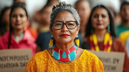 A diverse group of people holding signs promoting Indigenous Peoples' Day and honoring Native heritage, Indigenous Peoples' Day, Native heritage, signs
