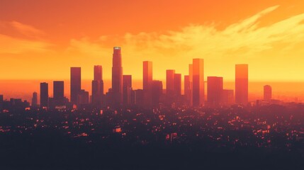 Fototapeta premium A panoramic view of a modern cityscape at sunset, with skyscrapers silhouetted against a vibrant orange sky.