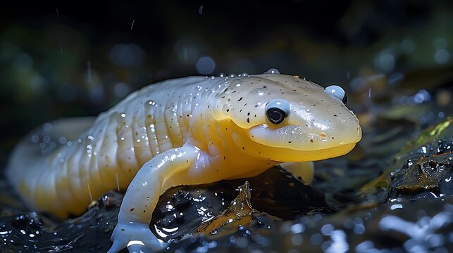 Olm salamander in underground cave system, pale translucent skin: An olm salamander navigates the dark waters of an underground cave system, its pale, translucent skin glowing faintly in the 