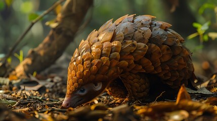 Fototapeta premium Pangolin rolling into defensive ball, scales prominent, forest floor: A pangolin rolls into a tight defensive ball on the forest floor, its hard, overlapping scales providing protection against 