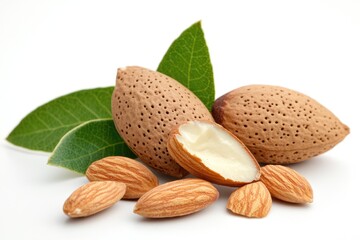 Fresh Almonds and Leaves Close-up on Bright White Background