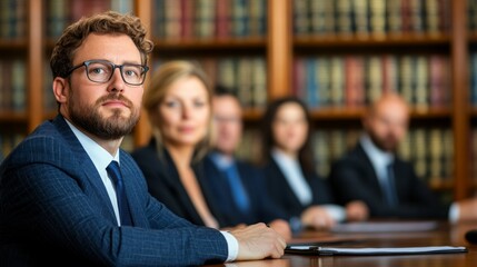 A group of lawyers in a professional training session, sitting around a large oval table in an elegant conference room