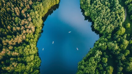 Naklejka premium A panoramic aerial view of a large lake surrounded by forests, with boats and kayaks dotting the water.