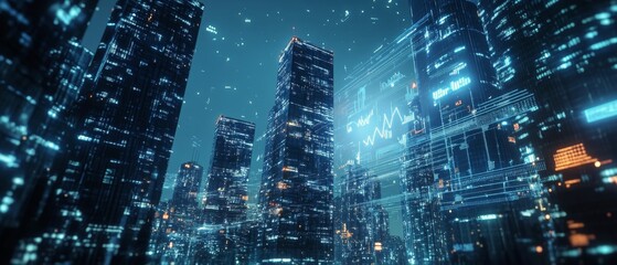 Obraz premium Futuristic city skyline illuminated by glowing digital data projections at night
