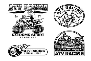 all terrain vehicle, off road 4x4 quad racing logo design for extreme sport. ATV rider and vehicle sign symbol modern logo. ATV helmet flag and tire fire flame sport emblem badge logo illustration © salzcreative