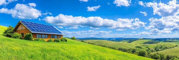 A rustic house with solar panels on the roof, set in a lush green landscape with rolling hills under a bright blue sky