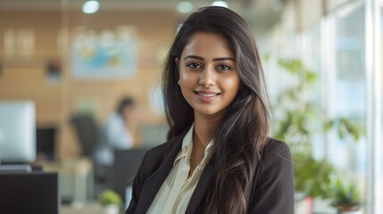 Naklejka premium Confident Young Indian Businesswoman in Office, Smiling, Business Theme, Portrait Shot, Plain Office Background, Office, Smiling