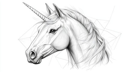 Detailed pencil drawing of a unicorn's head, showcasing its majestic horn and flowing mane.
