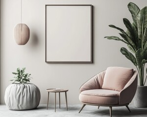 Scandinavian Living Room Interior with Mock-up Poster Frame. Modern Design concept