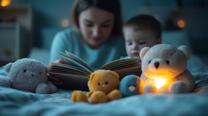A close-up of a parent reading a book to their child at bedtime, the soft glow of a nightlight illuminating the pages, plush toys resting on the bed, the child listening quietly,