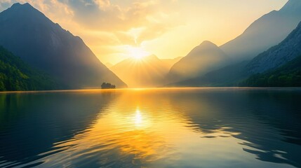 A picturesque sunrise over a mountain lake, with the sun's rays peeking over peaks and the water reflecting the early light.
