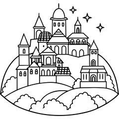 Fototapeta premium fantasy town outline coloring book page line art drawing