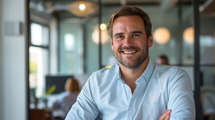 Obraz premium Confident entrepreneur smiling in a modern office, reflecting ambition and success in a portrait shot with a plain office background
