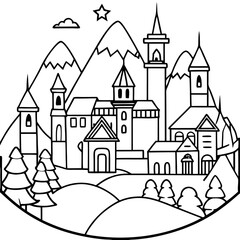 fantasy town outline coloring book page line art drawing