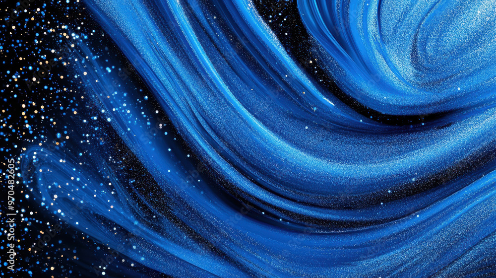 Poster abstract blue swirling wave pattern with sparkling elements resembling stars on a dark background