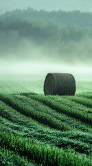 misty farmland with hay bale at dawn