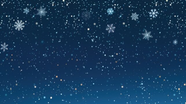 A serene winter background featuring delicate snowflakes falling against a deep blue sky, perfect for seasonal designs.