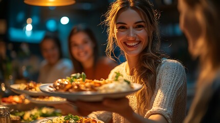 A family dinner with plates of food being passed around, smiles on everyone’s faces, warm overhead lighting casting soft shadows, capturing the joy and connection of sharing a meal together,