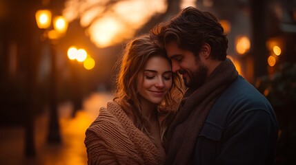 Fototapeta premium A family embracing during a quiet evening stroll, the warm glow of streetlights casting soft light on their faces, the twilight sky glowing softly in the background,