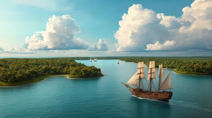 A modern reimagining of Columbus s ships arriving on Indigenous land, juxtaposing history with current events, reimagining, Columbus ships, Indigenous land