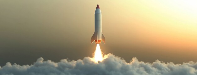 A colorful rocket launches into the sky, rising above fluffy clouds at sunset