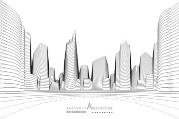 3D illustration, abstract modern urban landscape line drawing, imaginative architecture building construction perspective design.