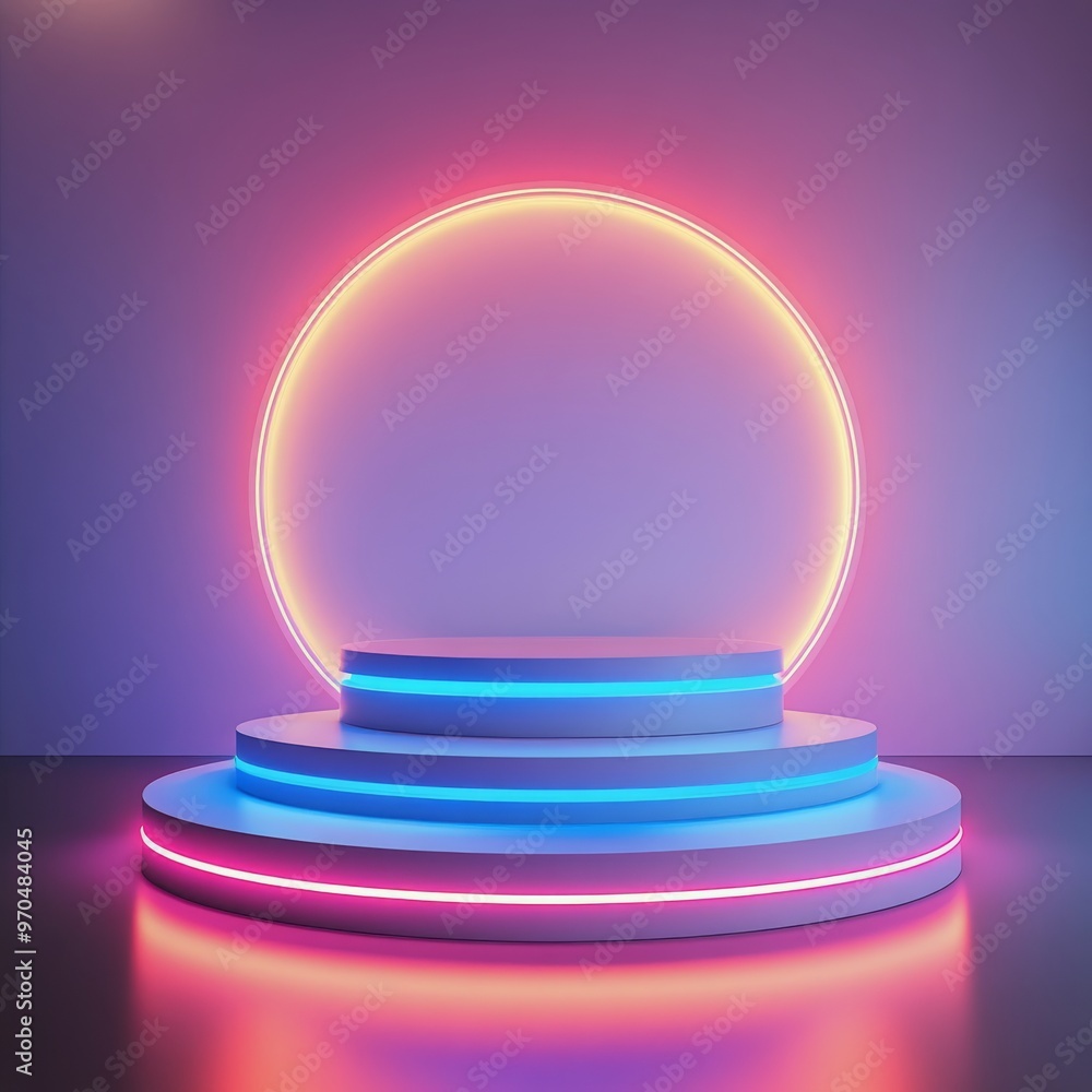 Aufkleber a vibrant illuminated stage setup with concentric circles and a glowing backdrop at dusk