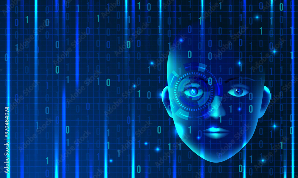 Wall mural artificial intelligence blue futuristic neon banner. binary code. vector stock illustration.