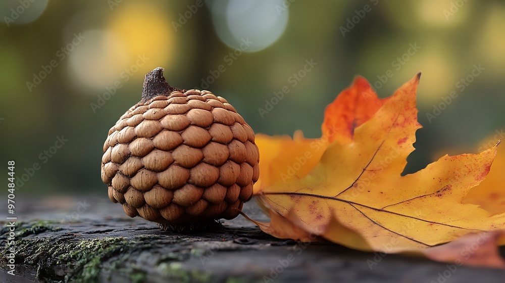 Canvas Prints Autumnal Still Life with a Fallen Acorn and Maple Leaf