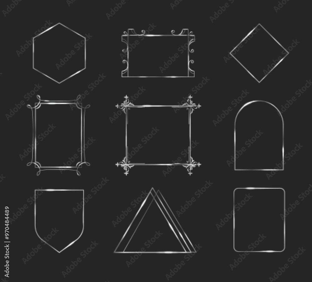 Poster thin silver frame. metal square border for picture. 3d steel minimal framework with shiny sparkle. p