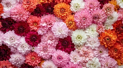 An assortment of vibrant and colorful dahlia flowers in full bloom, showcasing various shades of pink, orange, and white.