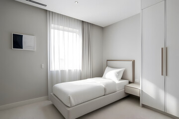 A minimalist modernized white decorated single bedroom design