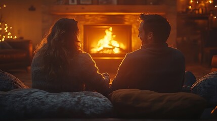 Obraz premium A family sitting together in front of a glowing fireplace, the soft light creating warm shadows, smiles on their faces, capturing the love and comfort of the moment,