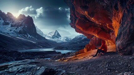 Naklejka premium A person sits in a cave, surrounded by majestic mountains and a river, reflecting on nature's beauty.