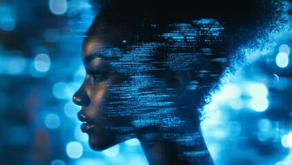 close-up of profile of black woman's face on blue and black background with digital code
