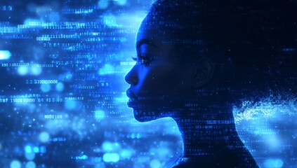 portrait of profile of african american woman's face on blue and black background with digital code