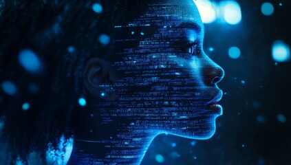 close-up of profile of african american woman's face on blue and black background with digital code