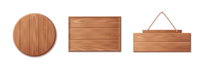 3d wood texture sign board. Wooden plank frame for saloon. Realistic vintage nail bar for text in game. Timber ui interface pointer template icon set. Empty hanging on rope plain banner design