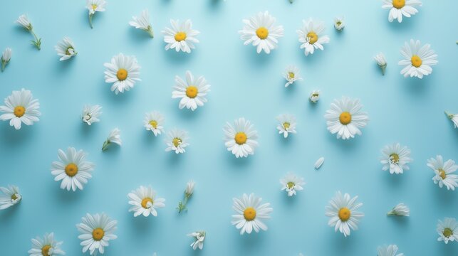Scattered white daisies against a light blue background for a fresh, spring-inspired design or botanical-themed project.