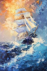 A vibrant painting of a sailing ship navigating turbulent waves under a colorful sky.