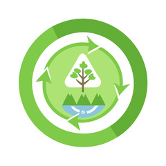 A recycling symbol, inside a green circle with a tree and water droplet, sustainability and environmental care concept