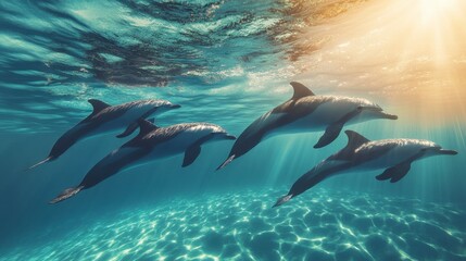Obraz premium A pod of dolphins swimming gracefully under the sea, with clear water and sun rays filtering through the surface.