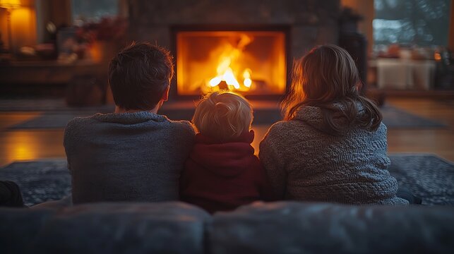 A peaceful family scene in front of a fireplace, parents and kids sitting close together, the soft glow of the fire lighting up their faces, a warm, cozy living room setting, capturing love and joy,