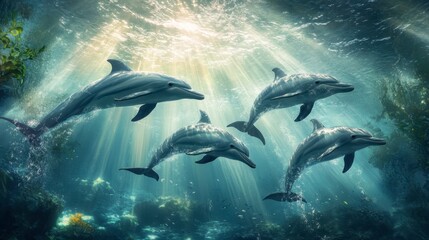 Obraz premium A pod of dolphins swimming gracefully under the sea, with clear water and sun rays filtering through the surface.