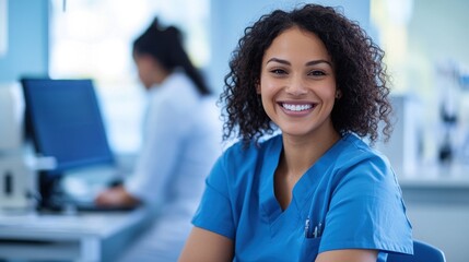 Fototapeta premium A friendly dental receptionist scheduling an appointment for a patient at the front desk.