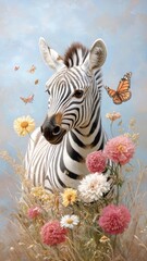 A baby zebra celebrating its first birthday in a meadow, surrounded by wildflowers and playful butterflies.