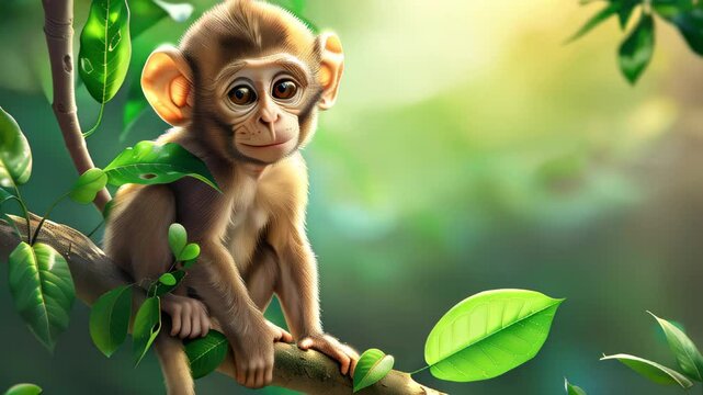 A young monkey sits on a branch surrounded by lush green leaves in a vibrant forest setting