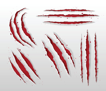 Animal claw scratch mark. Paper slash rip made by tiger, lion or bear. Realistic 3d vector illustration set of panther or wolf paw tear and brake red surface. Scary monster scrape trail texture.